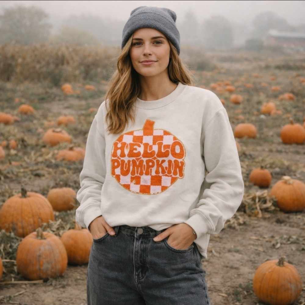 Cream 'Hello Pumpkin' Fleece Sweatshirt 3d Terrycloth textured Patch Sz S
